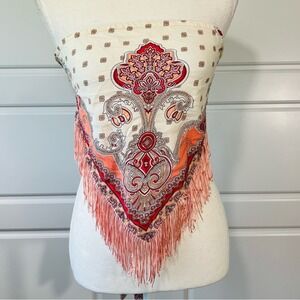 Shein Fringed Scarf Paisley Print Bandana Head Neck Scarf Orange Red Beige XL